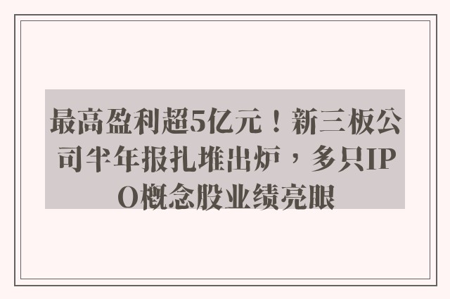 最高盈利超5亿元！新三板公司半年报扎堆出炉，多只IPO概念股业绩亮眼