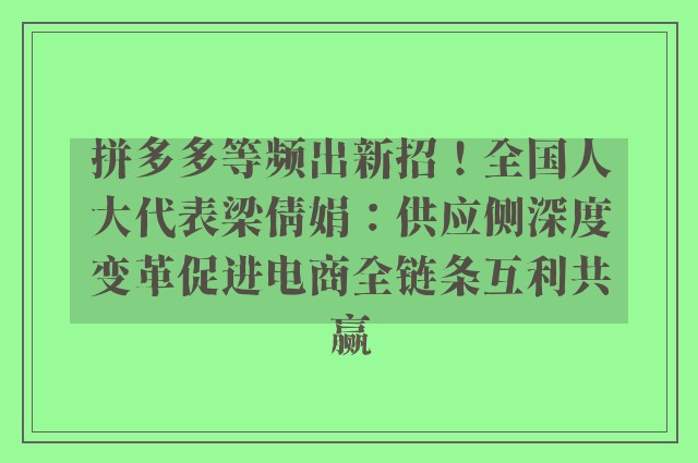 拼多多等频出新招！全国人大代表梁倩娟：供应侧深度变革促进电商全链条互利共赢